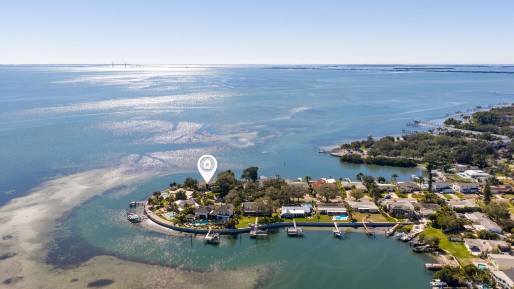 Aerial view of open bay waterfront home Tampa Bay