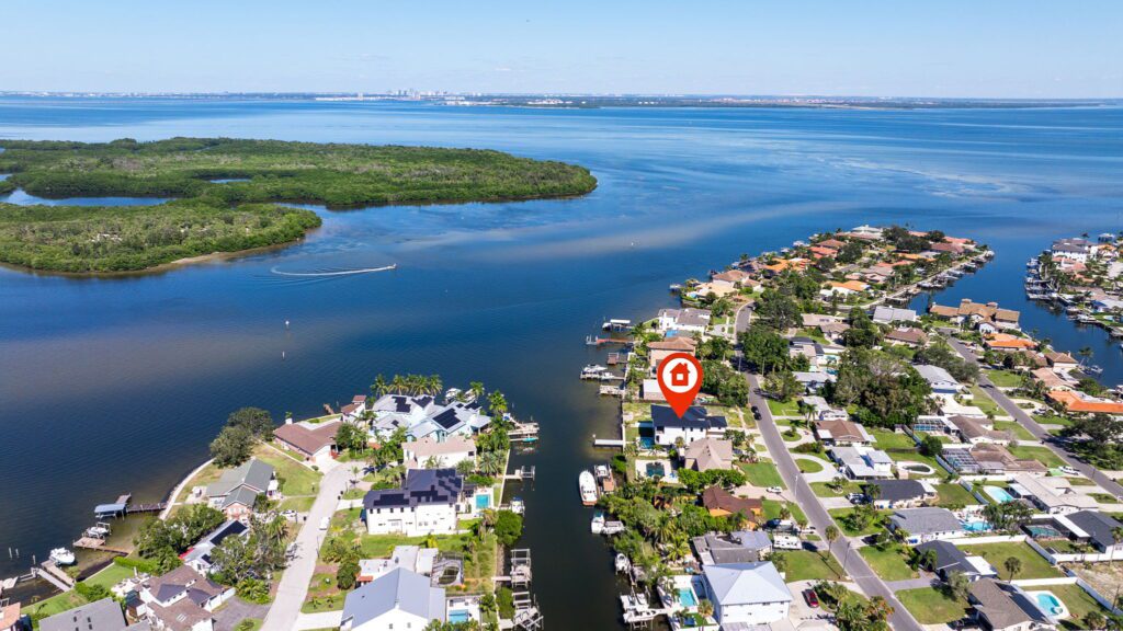 Aerial view of Snell Isle waterfront estate on Bayou Grande